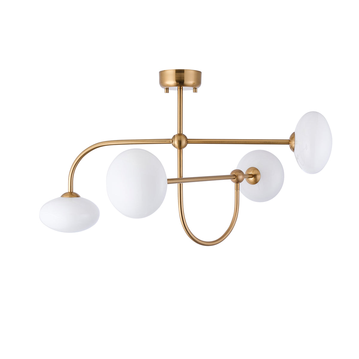 Ottowa semi flush light in brushed brass with four white opal glass shades on a plain background