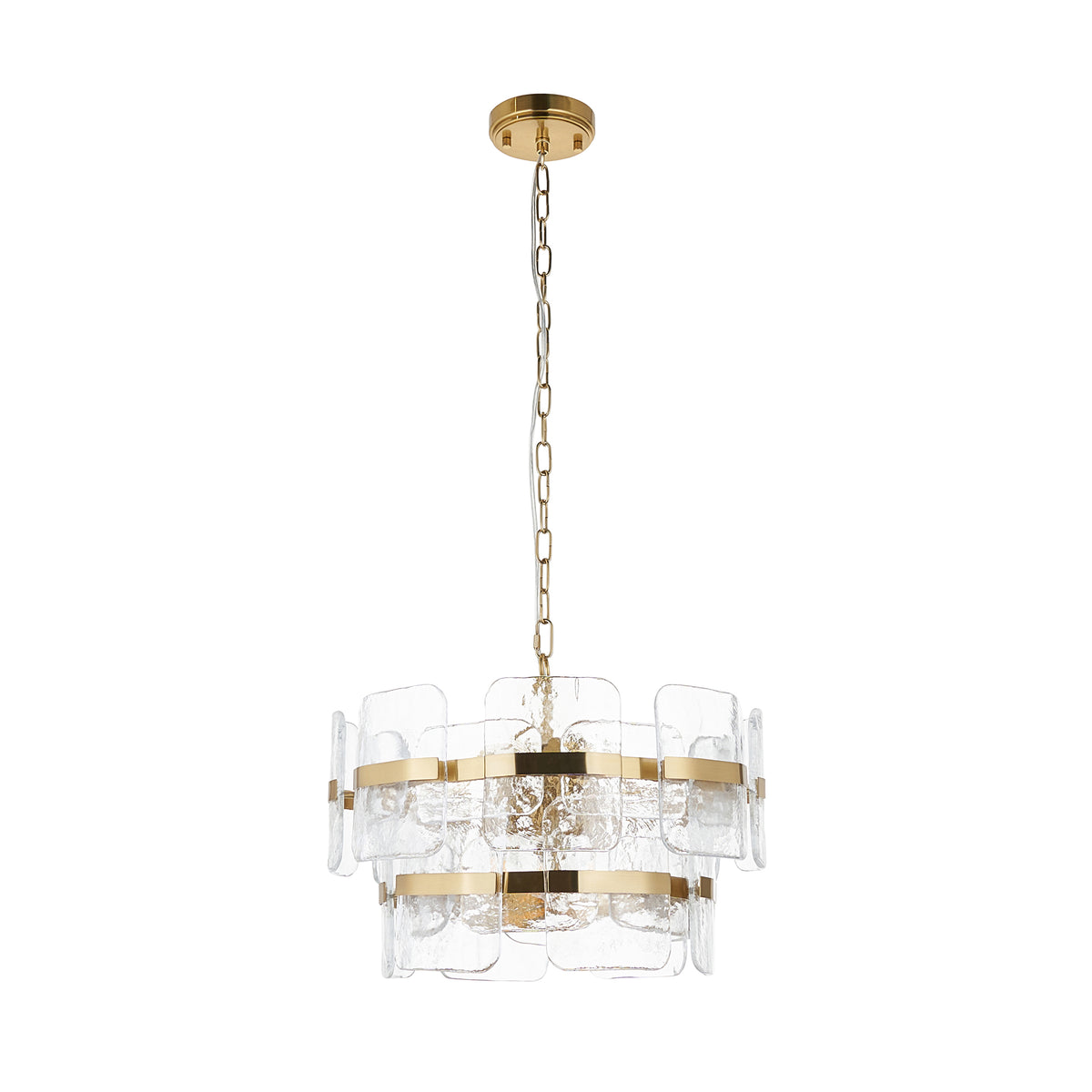 Ancara brushed brass pendant with two rows of clear textured glass panels on a white background