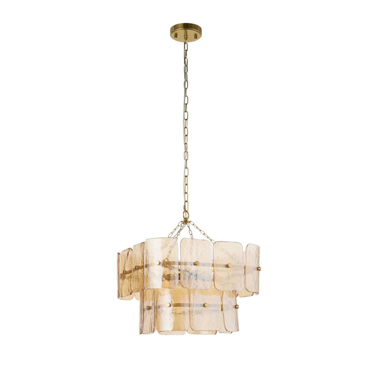 Venice chandelier in aged brass with squared champagne glass panels on a plain background