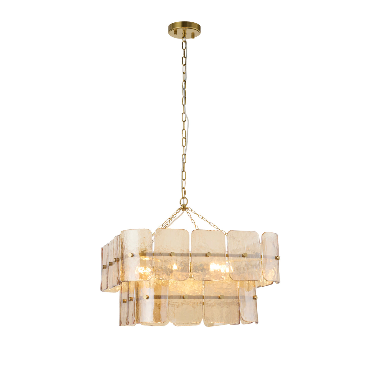Venice champagne glass chandelier with three tiers of handmade panels on an aged brass frame
