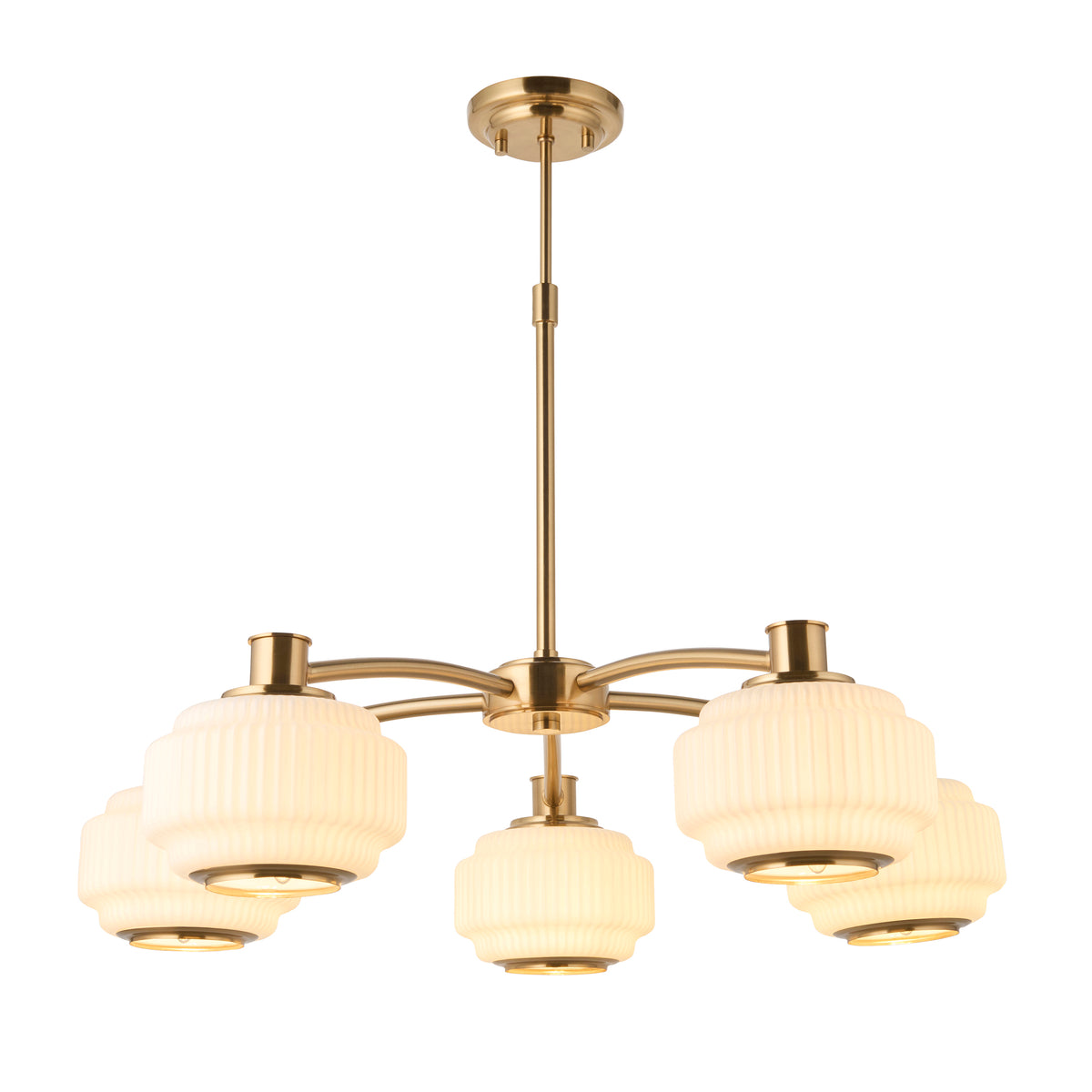 Evora brushed aged brass 5 light chandelier with stepped opal ribbed glass shades on curved arms