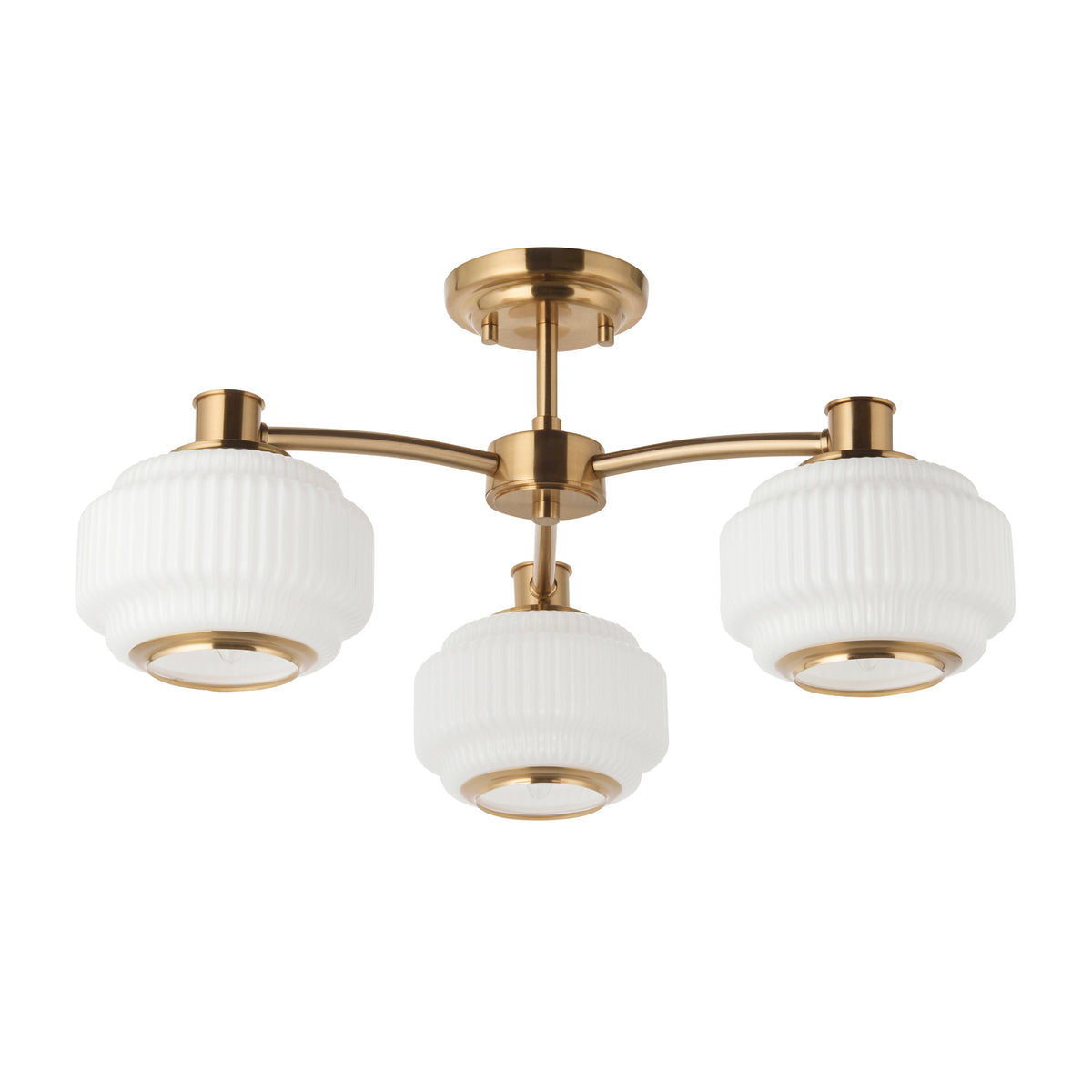 Evora aged brass semi flush ceiling light with three ribbed opal shades on a plain background
