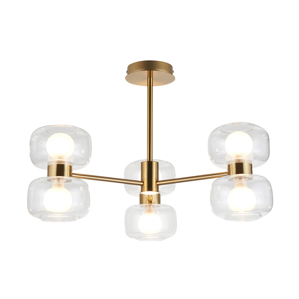 Rossano brass semi-flush ceiling light with six arms and clear glass shades over frosted globes