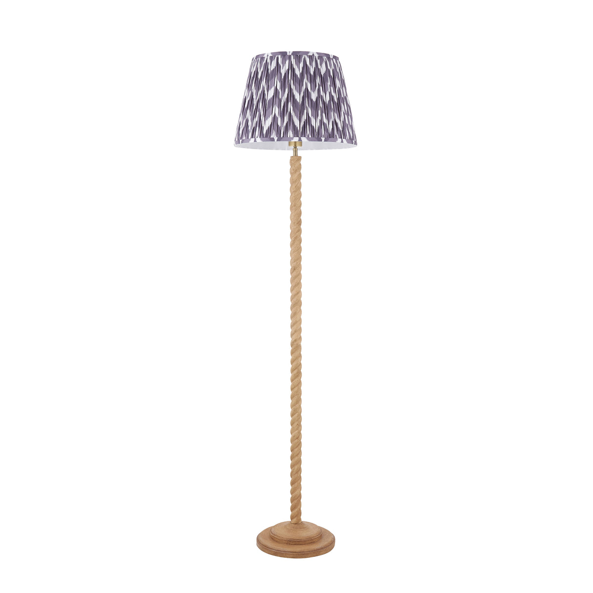 Twist & ZigZag floor lamp with barley twist oak effect column and grey patterned shade