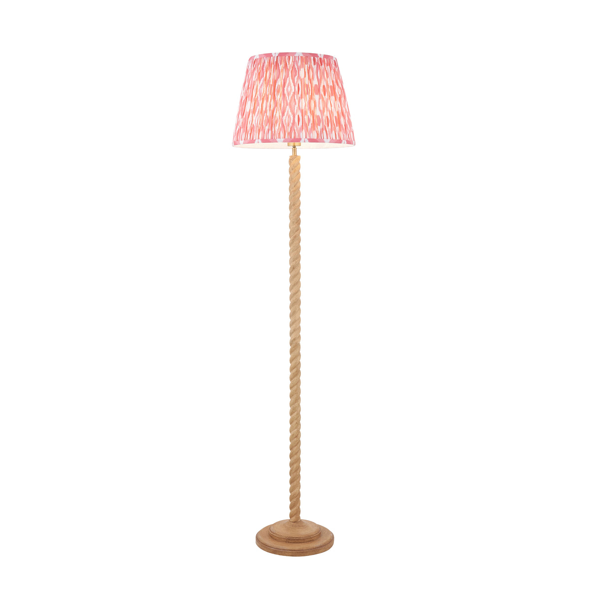 Twist & Ikat floor lamp with oak effect twisted stem and pleated coral pink ikat shade