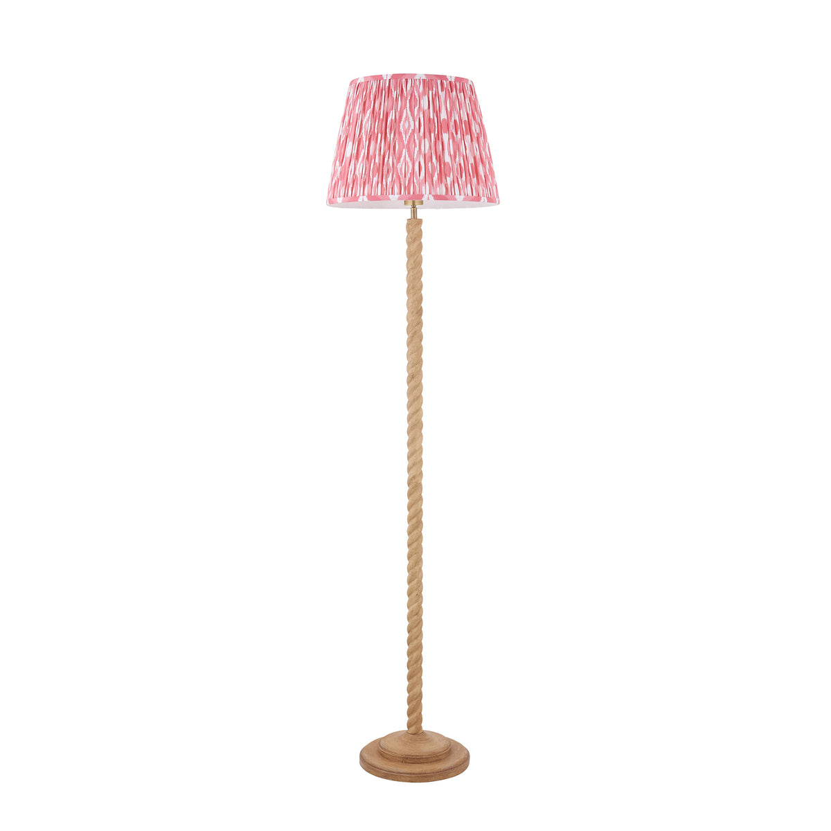 Twist & Ikat oak effect floor lamp with coral pink pleated shade, full height view