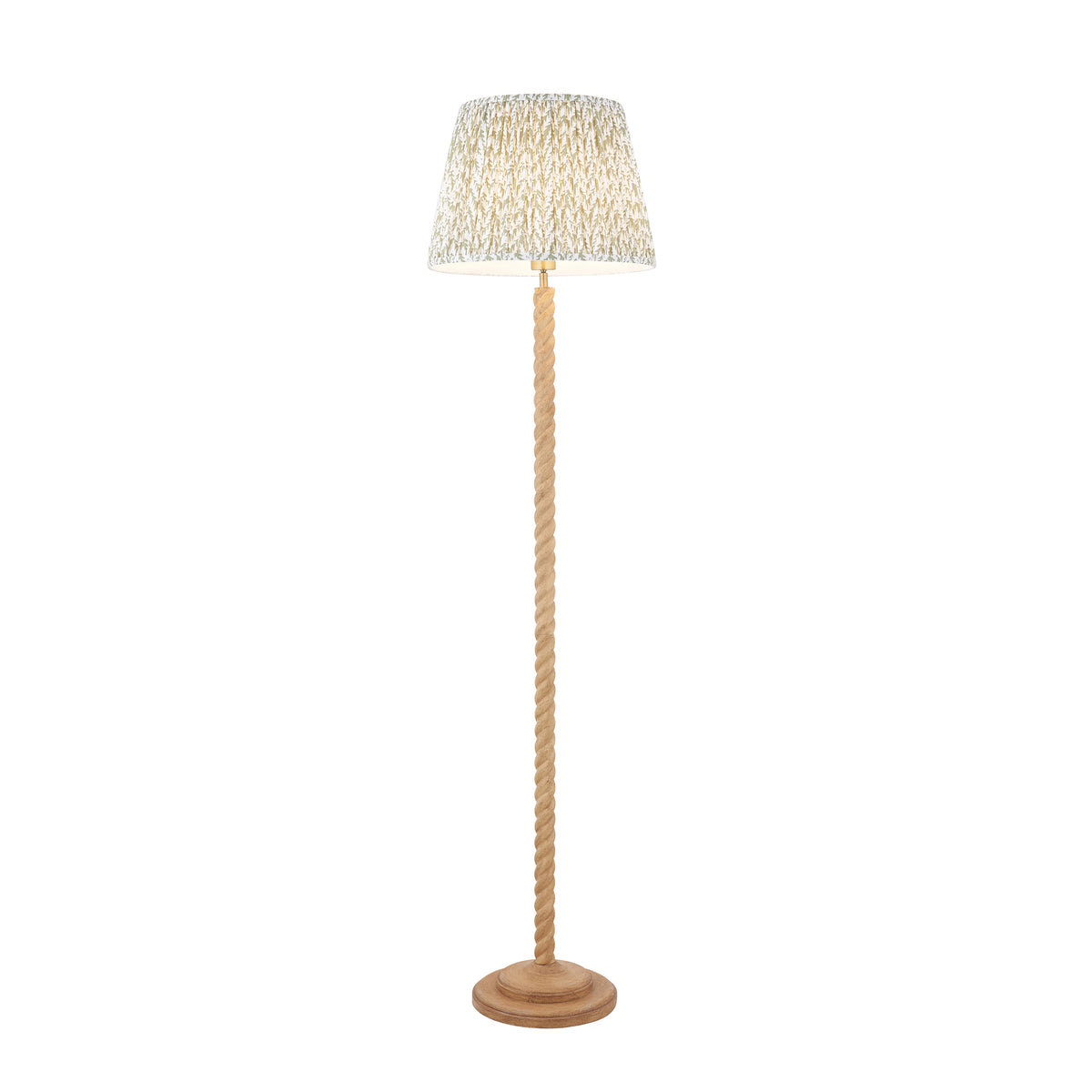 Twist & Leaf floor lamp with oak effect twisted stem and pleated green leaf print shade