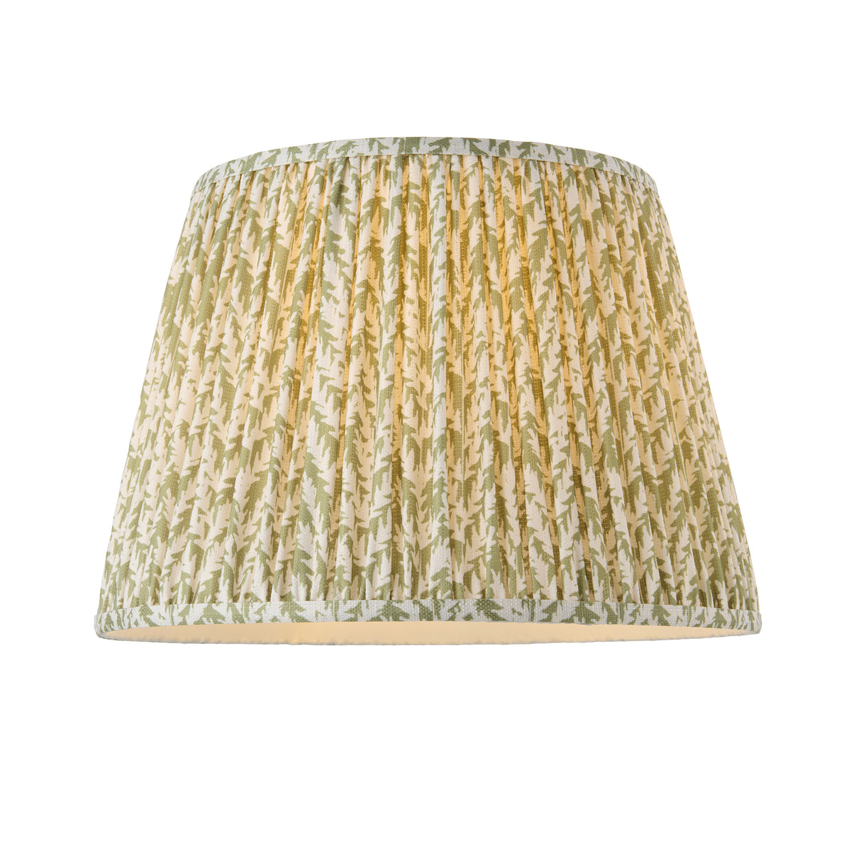 Pleated green and cream leaf print empire lampshade shown on its own