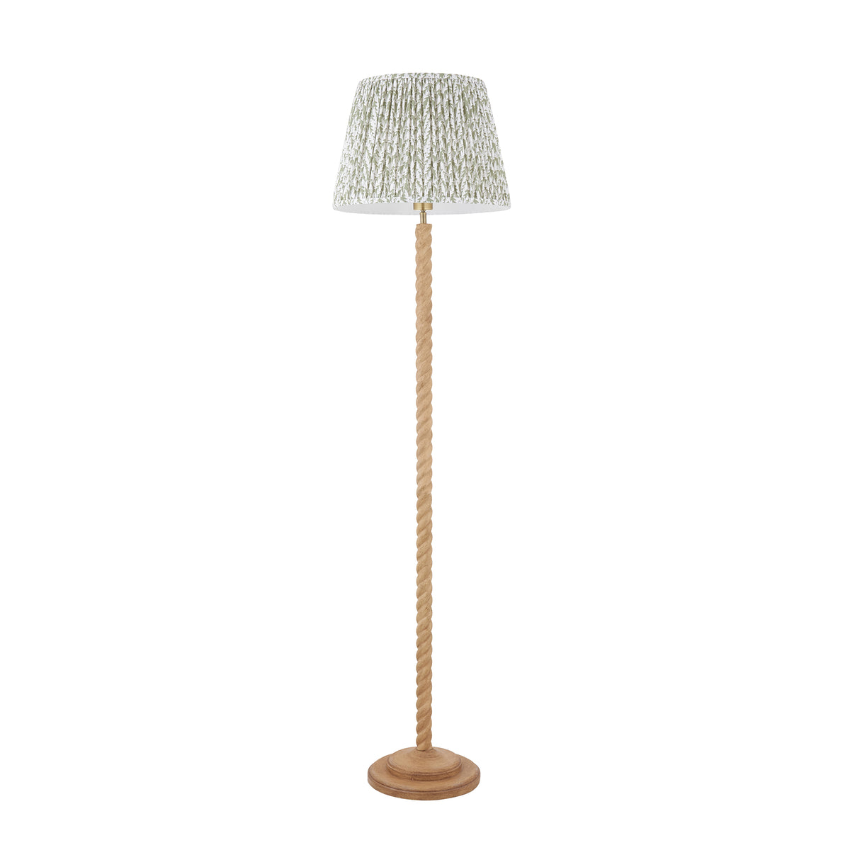 Twist & Leaf oak effect floor lamp with green leaf pleated shade, full height view