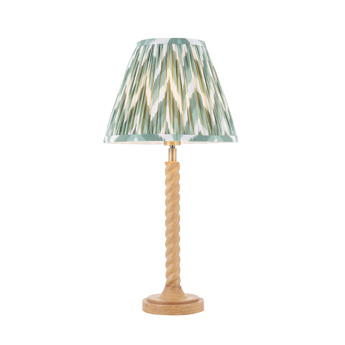 Twist & Zigzag oak effect table lamp with twisted stem and pleated green zigzag ikat shade