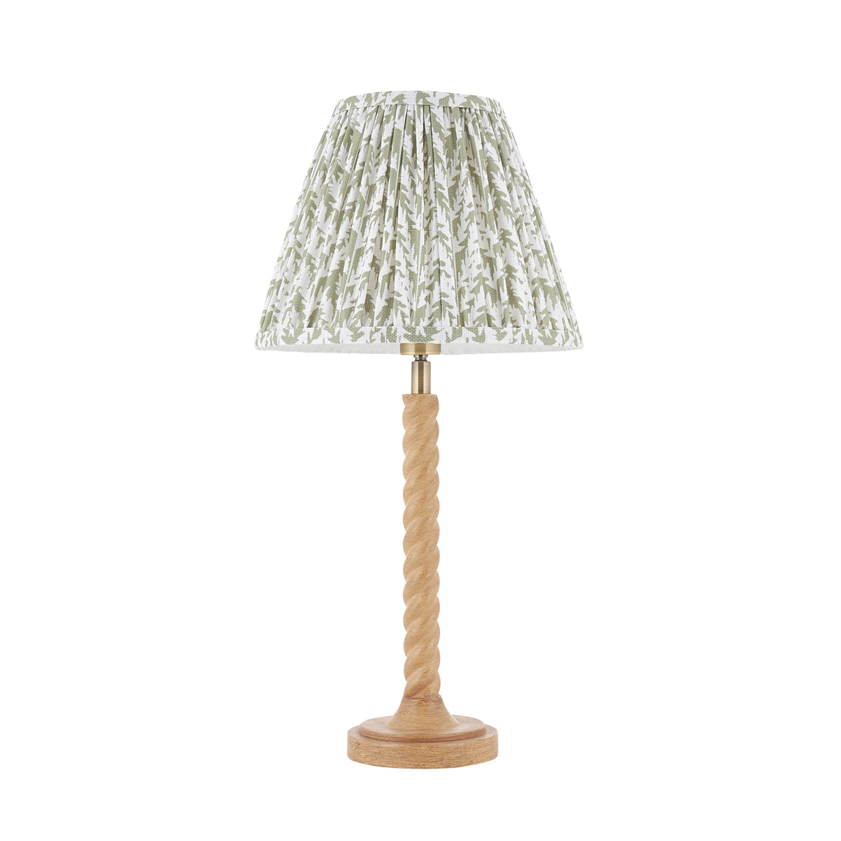 Twist & Leaf oak effect resin table lamp complete with green leaf pleated shade