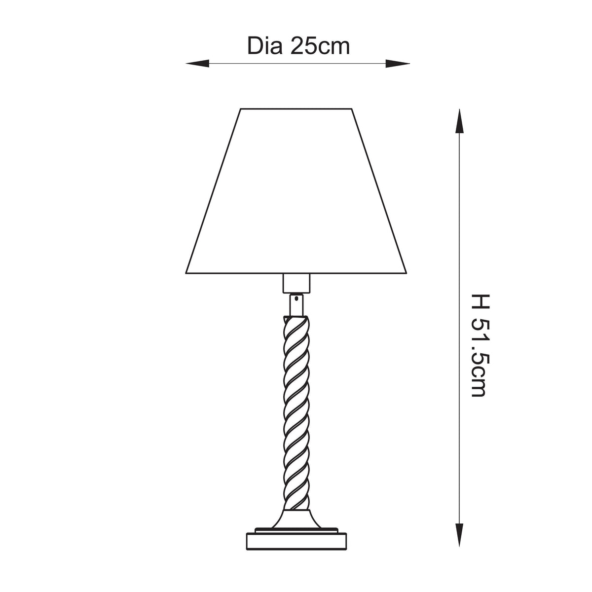 Dimension diagram of the table lamp showing overall height and shade diameter