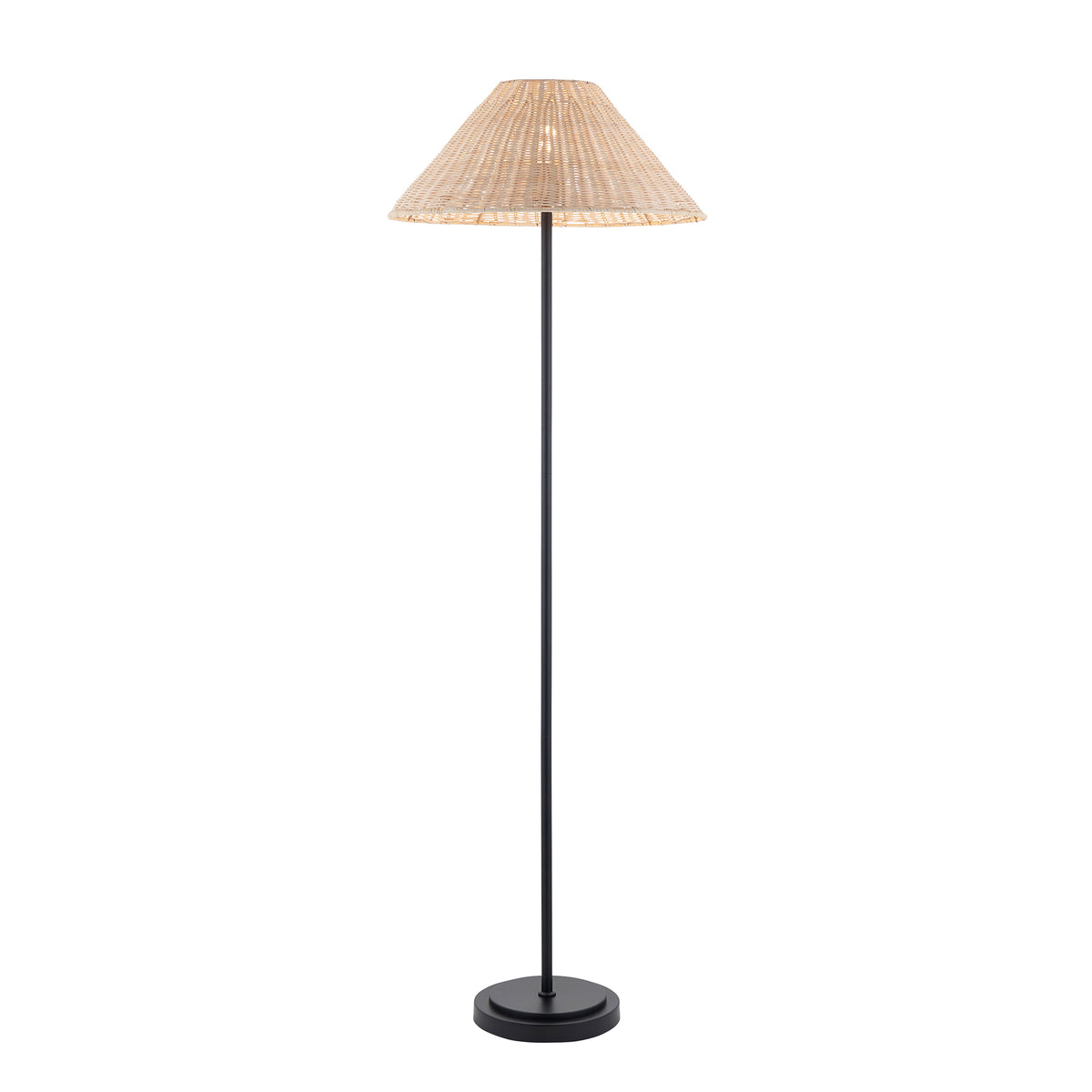 Arlo matt black floor lamp with a pale natural rattan woven coolie shade