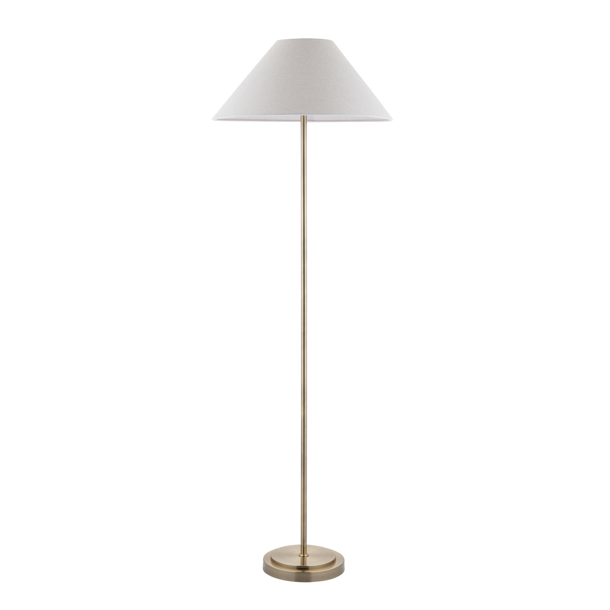 Arlo floor lamp in antique brass with tall slender stem and natural linen coolie shade