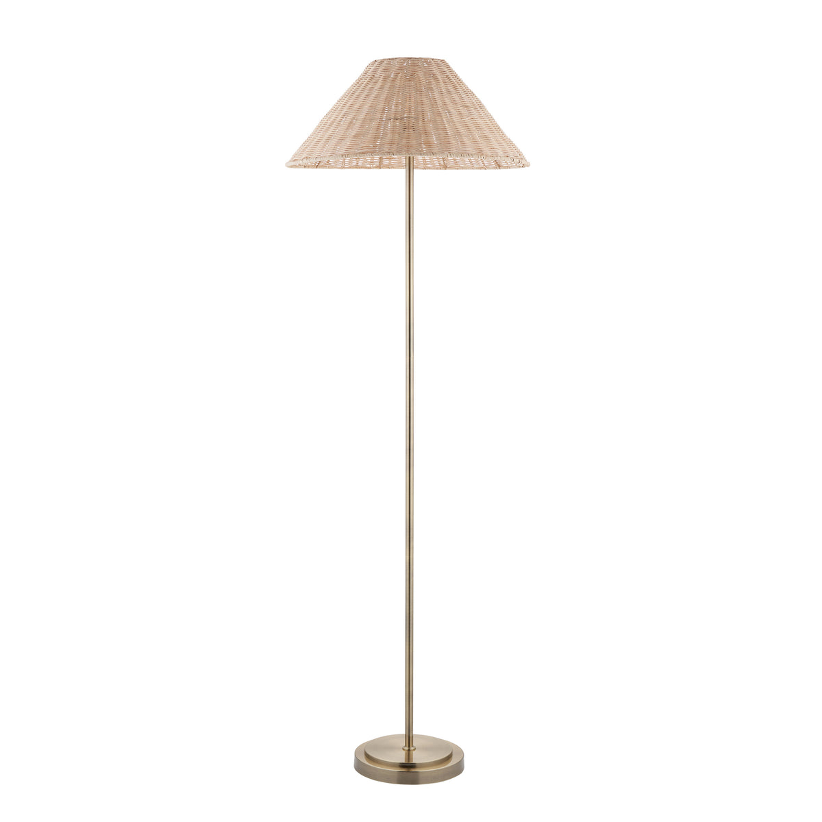 Full-length view of the Arlo antique brass floor lamp with its natural rattan coolie shade