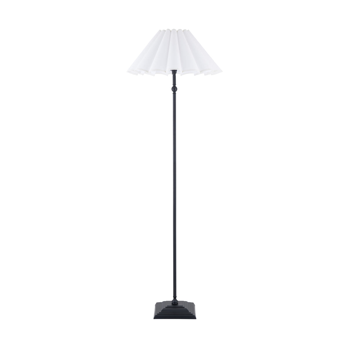Sylvie matt black floor lamp with white scalloped shade shown unlit against white
