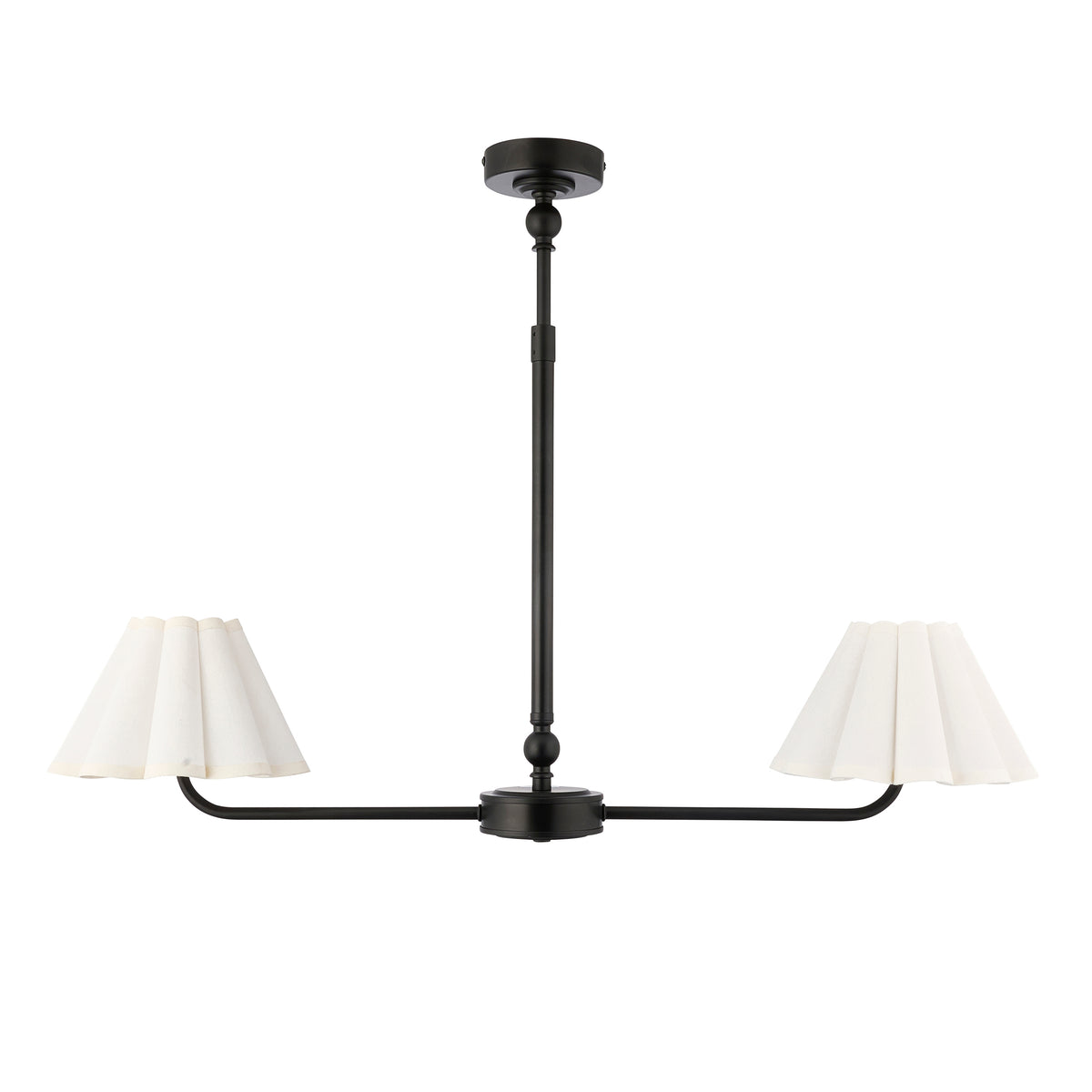 Two-light Sylvie black linear pendant with off-white pleated scalloped shades, side view