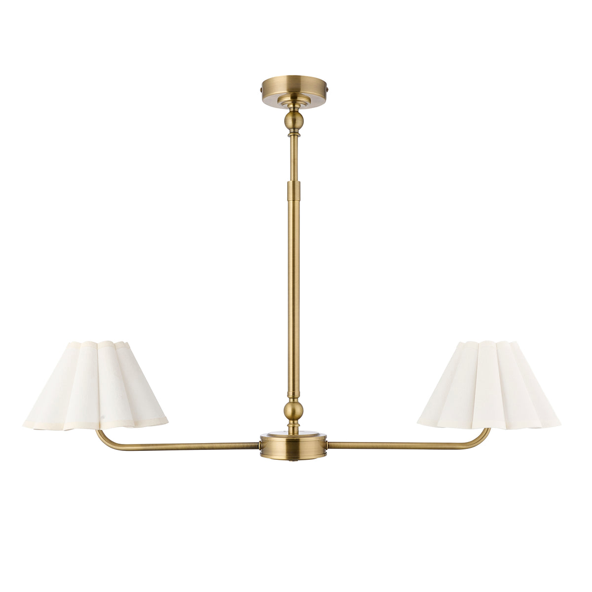 Two-light Sylvie antique brass linear pendant with off-white pleated scalloped shades
