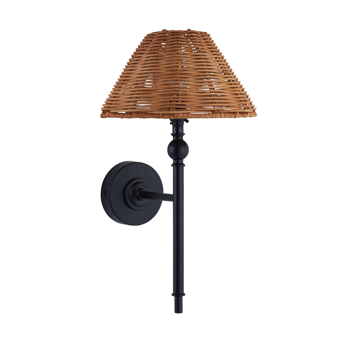 Jericho matt black wall light with brown rattan coolie shade on a white background