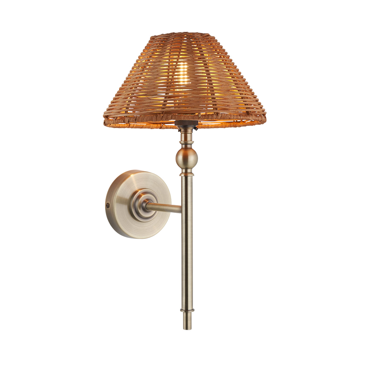 Jericho antique brass wall light with a tapered brown woven rattan shade