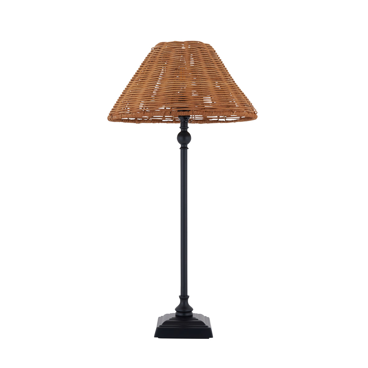 Jericho black table lamp with brown rattan shade shown on a plain white background