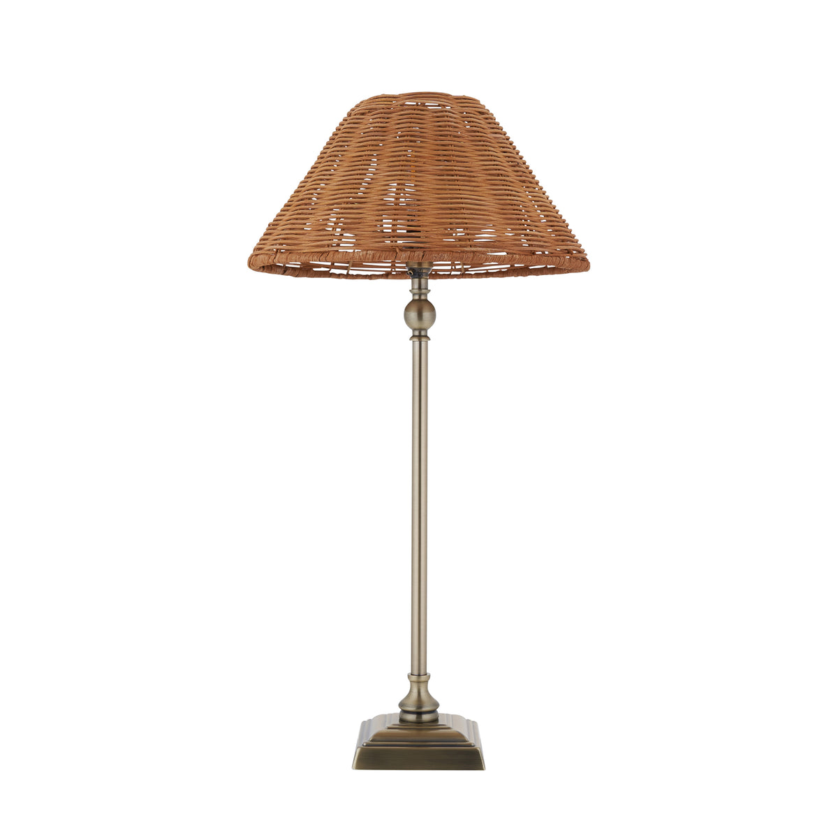 Jericho antique brass table lamp with brown rattan shade on a white studio background