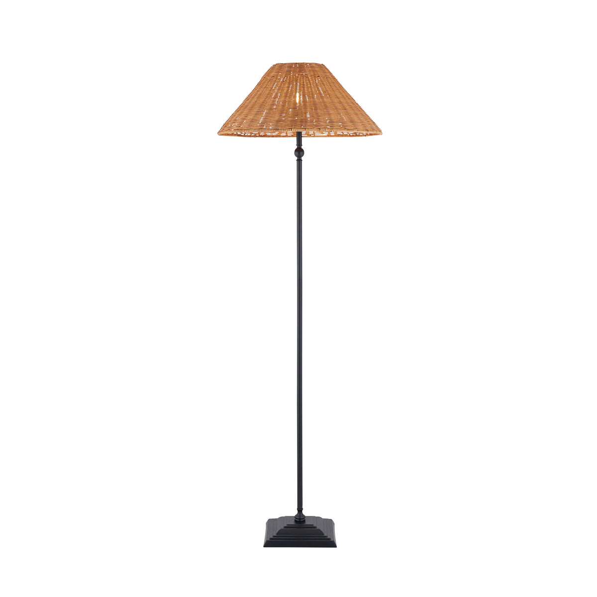 Jericho matt black floor lamp with a slim stem, square stepped base and wide rattan shade