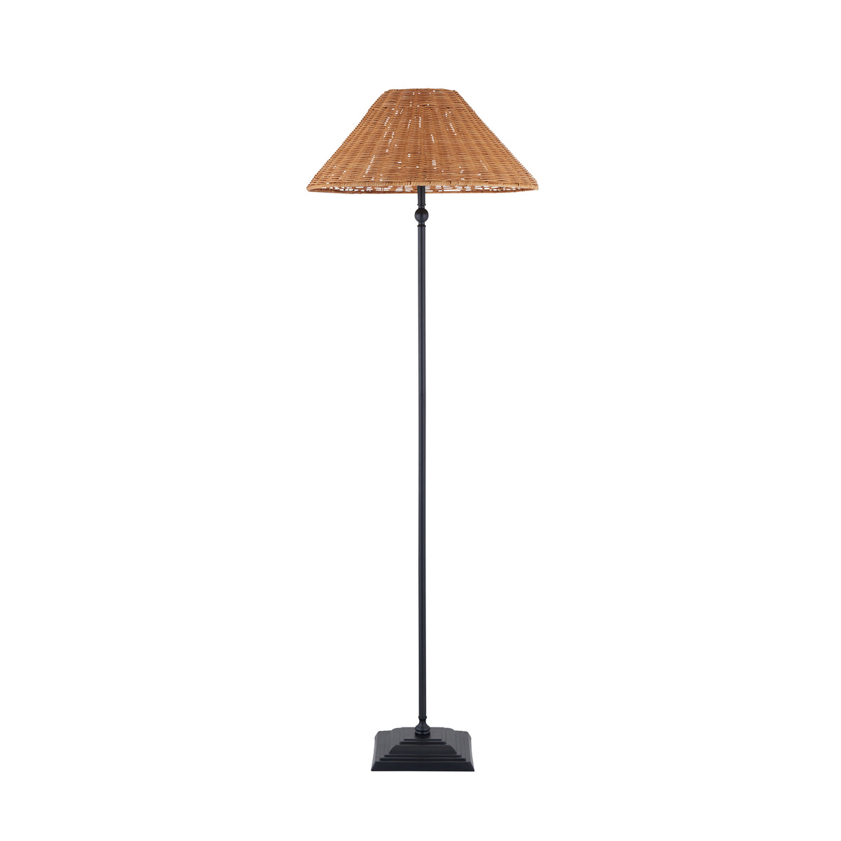 Jericho matt black floor lamp with brown rattan coolie shade on a white background
