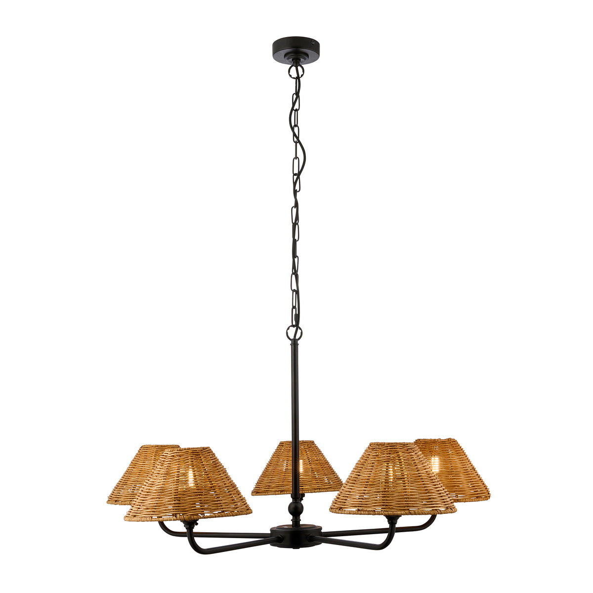 Jericho black five-light pendant with brown rattan shades on a plain background