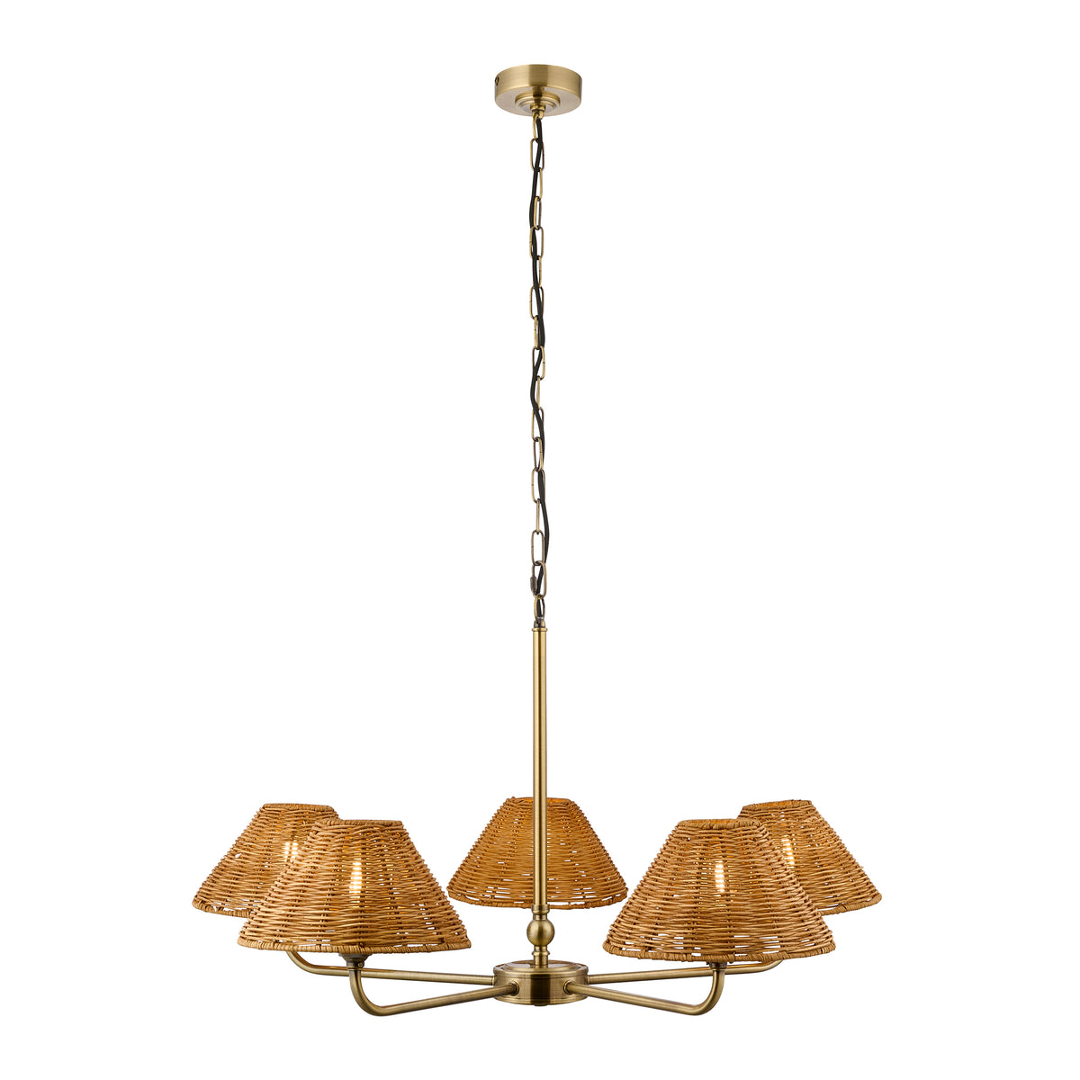 Jericho antique brass chandelier with five woven brown rattan coolie shades and chain suspension