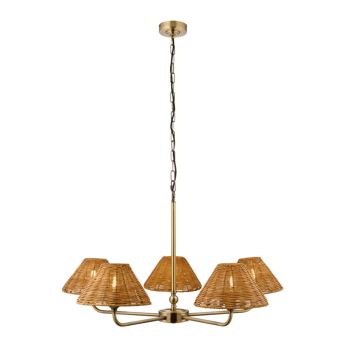 Jericho antique brass five-light chandelier with brown rattan shades on a white background