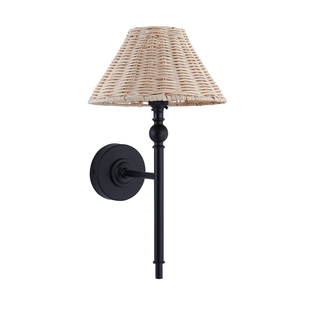 Jericho matt black wall light with natural rattan shade on a plain background