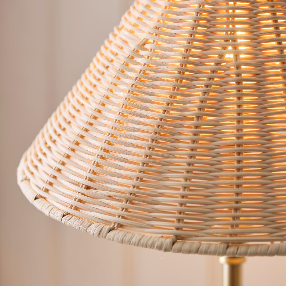 Detail of the woven rattan shade texture on the Jericho table lamp, softly backlit