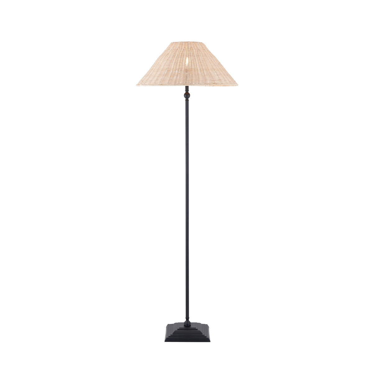 Jericho floor lamp in matt black with slender stem, square base and natural rattan coolie shade