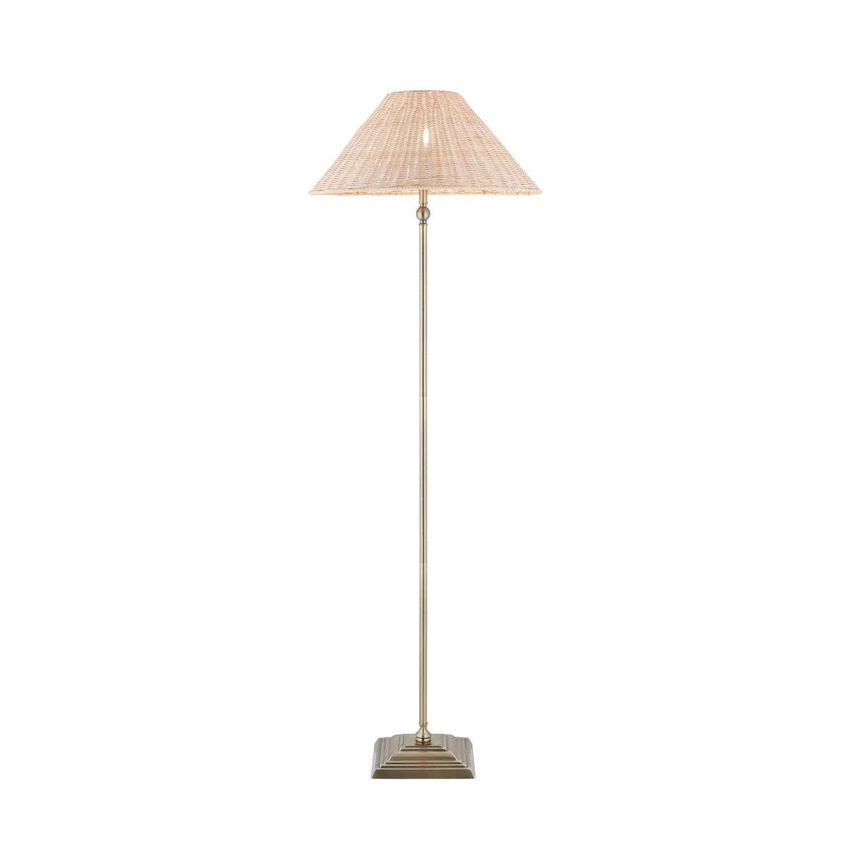 Jericho antique brass floor lamp with rattan coolie shade and stepped square brass base