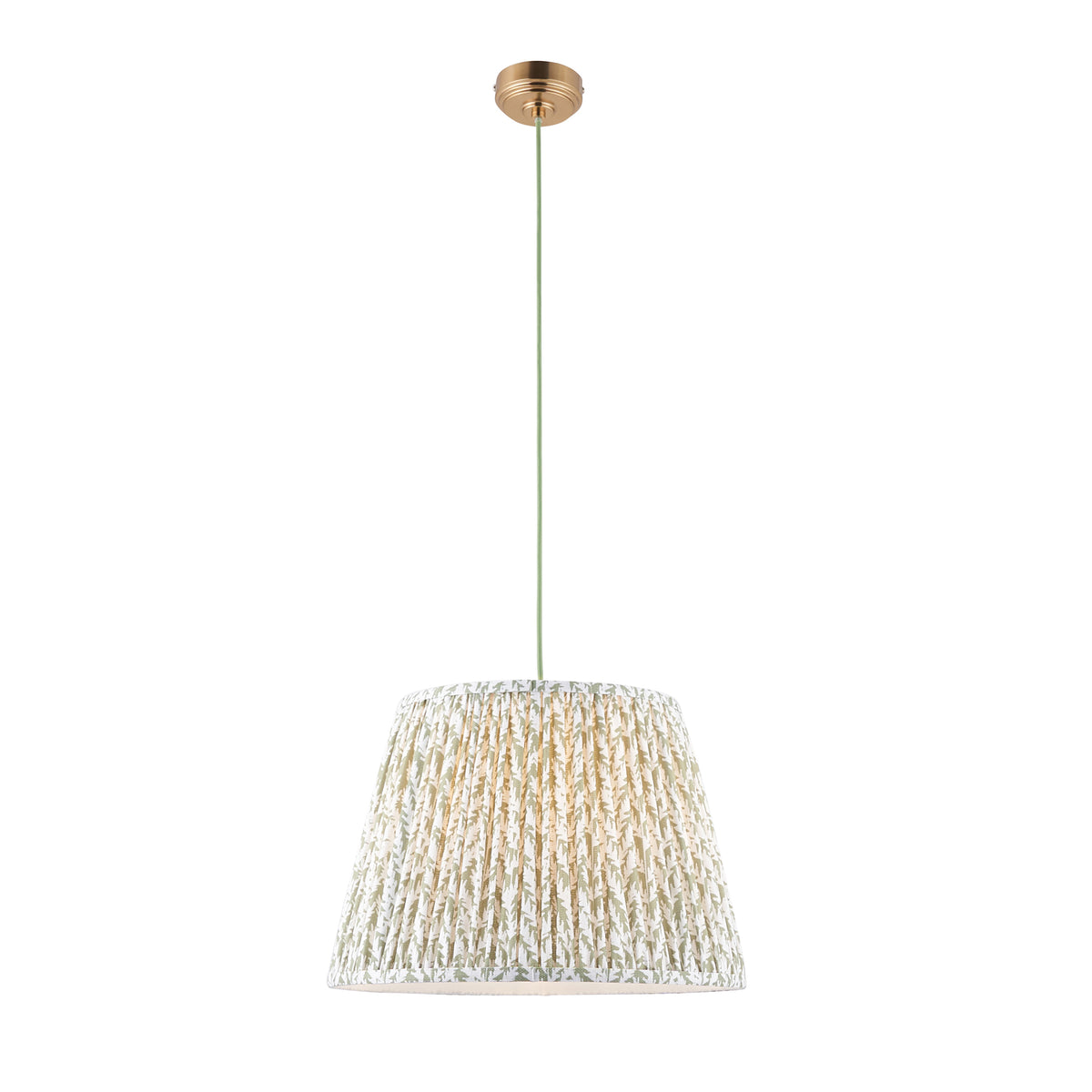 Eltham & Leaf aged brass pendant light with pleated green leaf-print empire shade on a slim green flex