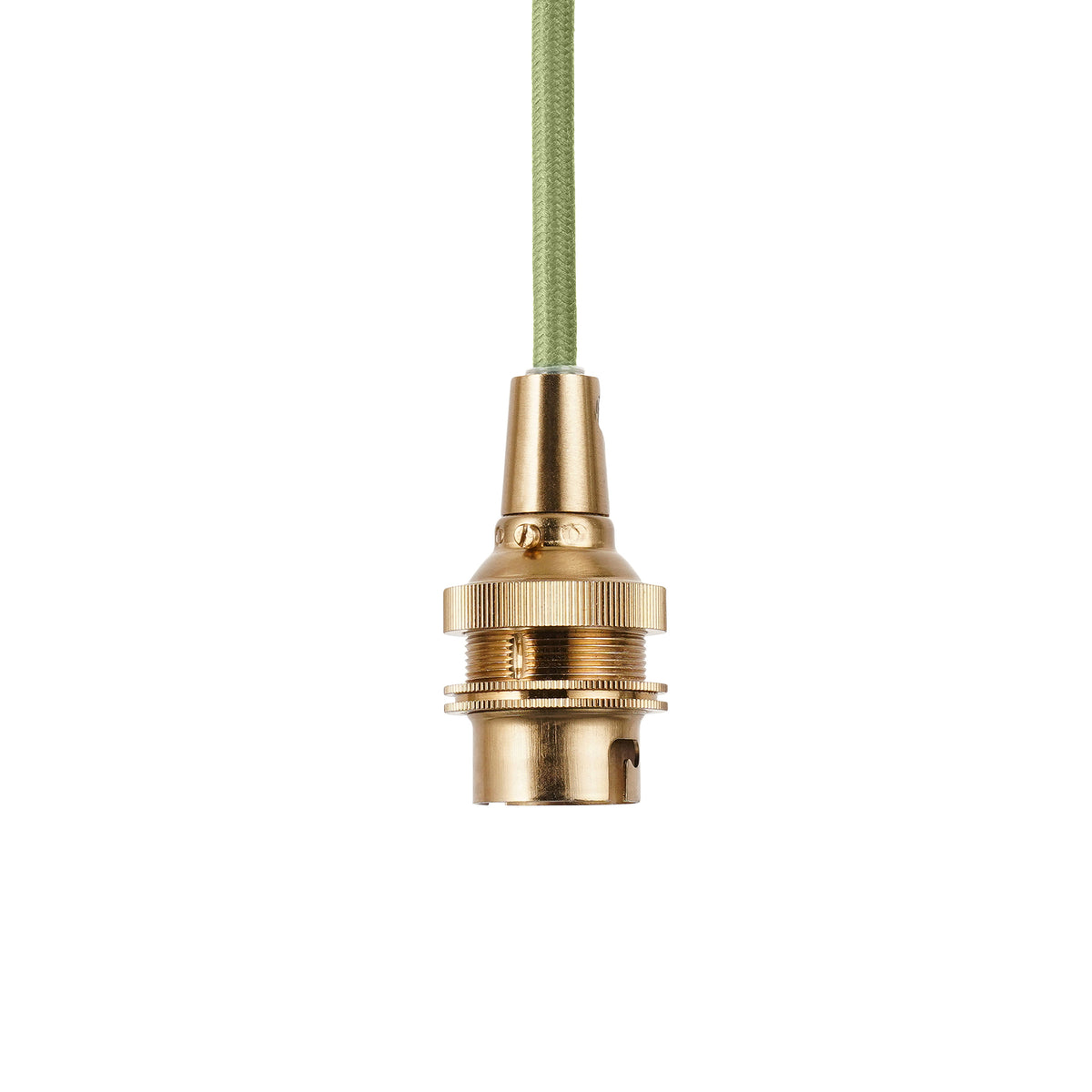 Aged brass lampholder and green flex of the Eltham pendant against a white background