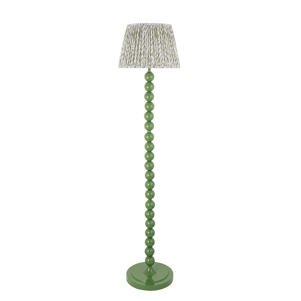 Higgledy & Leaf Cotswold green floor lamp with pleated leaf shade on a white background