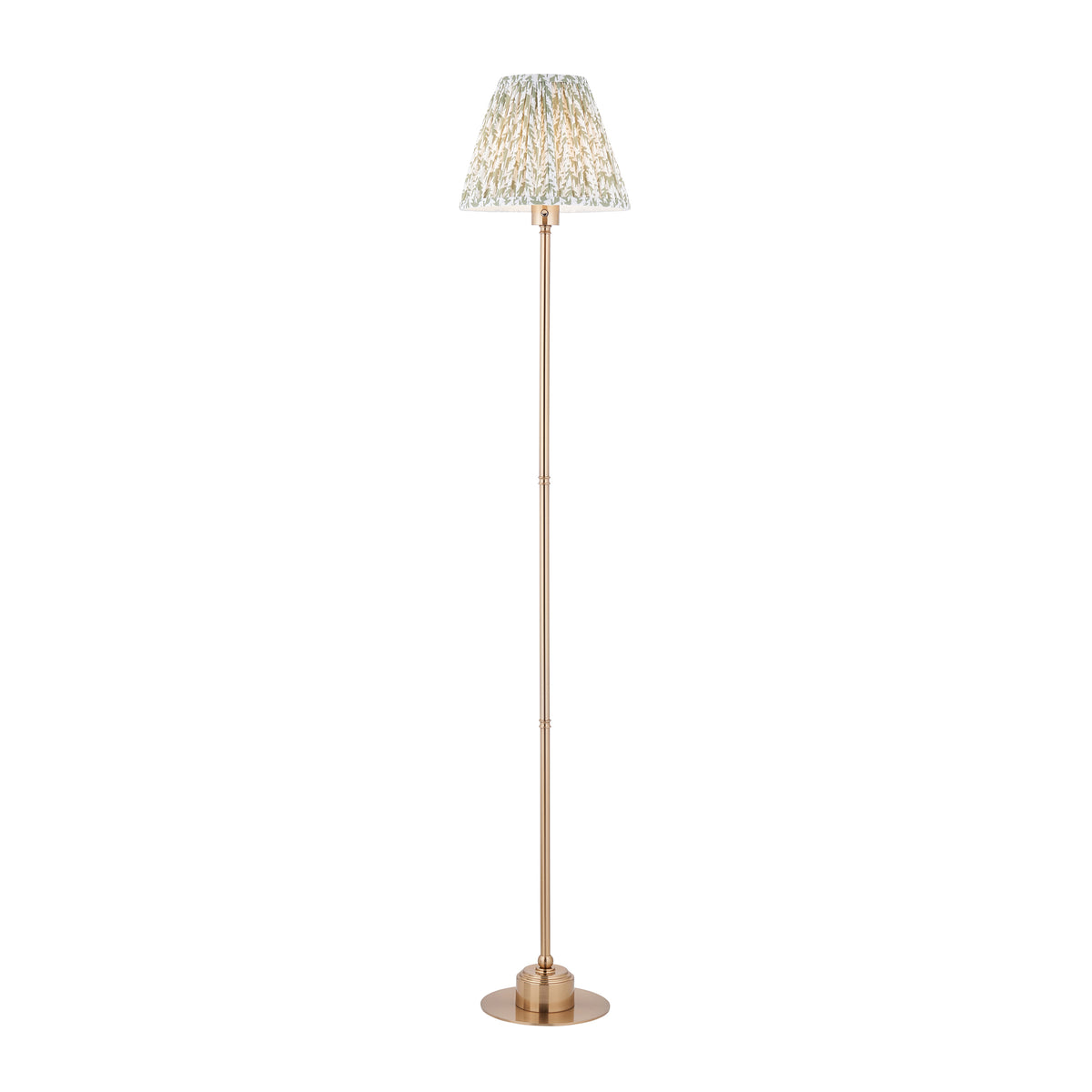 Burley aged brass rechargeable floor lamp with slim stem and pleated green leaf-print shade