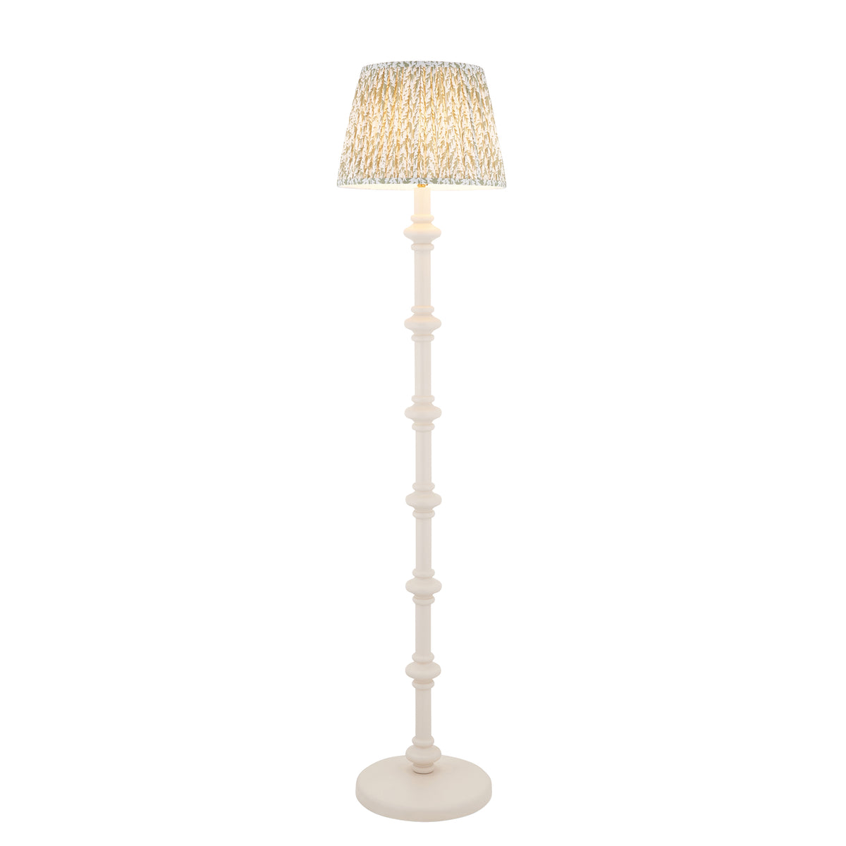 Carnaby almond white turned floor lamp with pleated green leaf-print empire shade