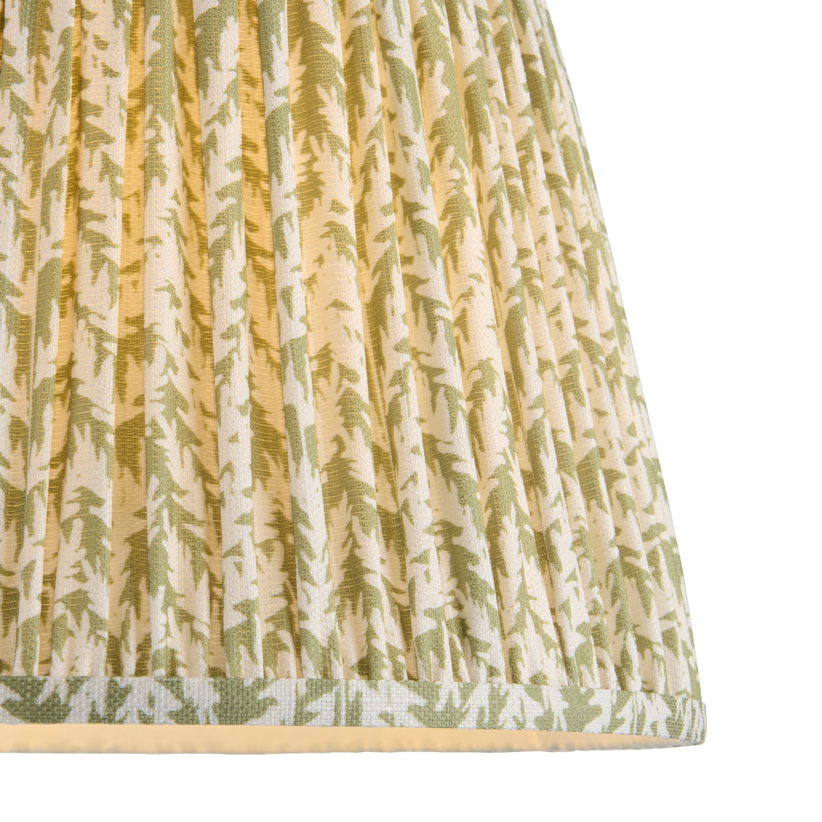 Close-up of the pleated leaf-print fabric and edging on the Carnaby lamp shade