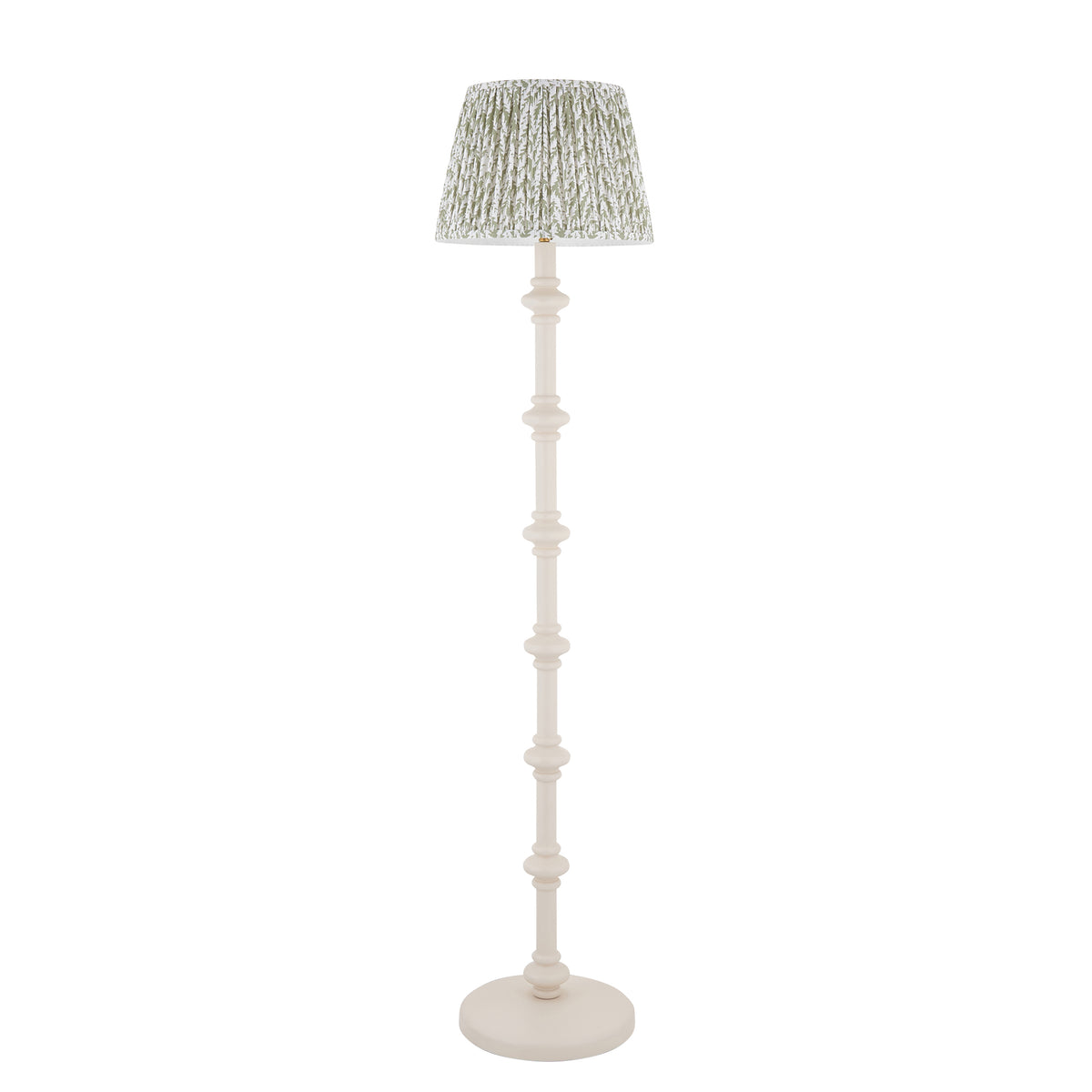 Carnaby almond white floor lamp with pleated green leaf shade on a white background