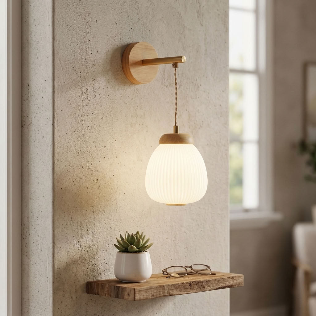 Ella, Brass, Wall Light - Wood & Opal Ribbed Glass
