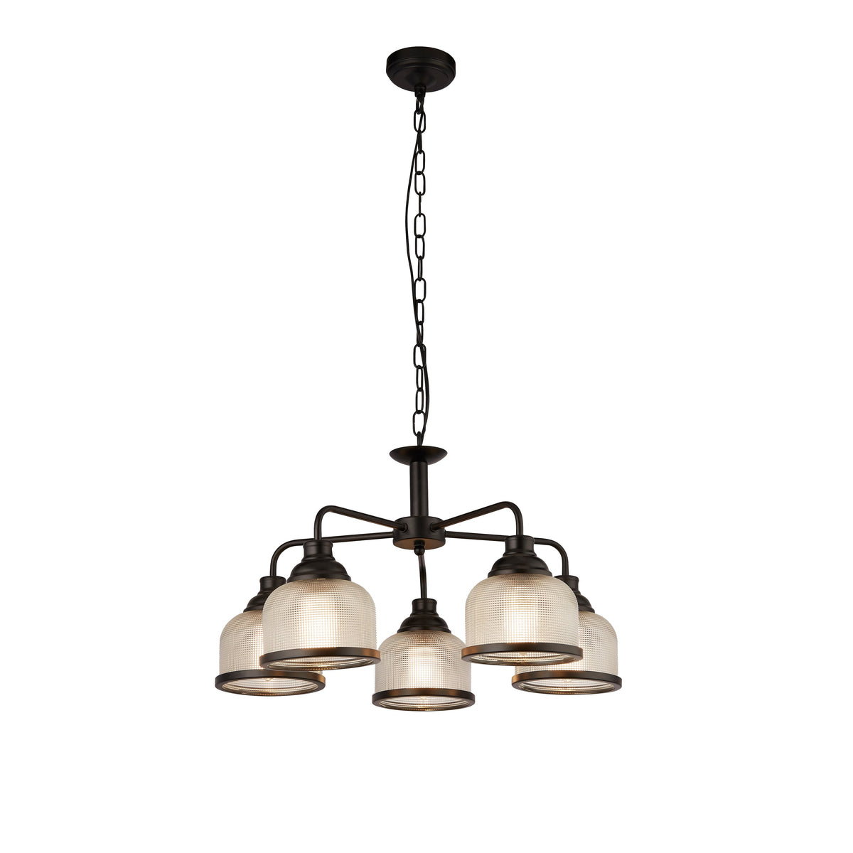 Searchlight Highworth 5 Light Black Pendant - Holophane Style Glass Shade-warehouse-180926