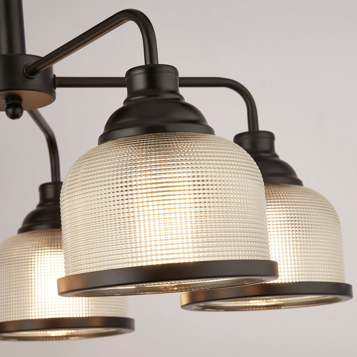 Searchlight Highworth 5 Light Black Pendant - Holophane Style Glass Shade-warehouse-180926