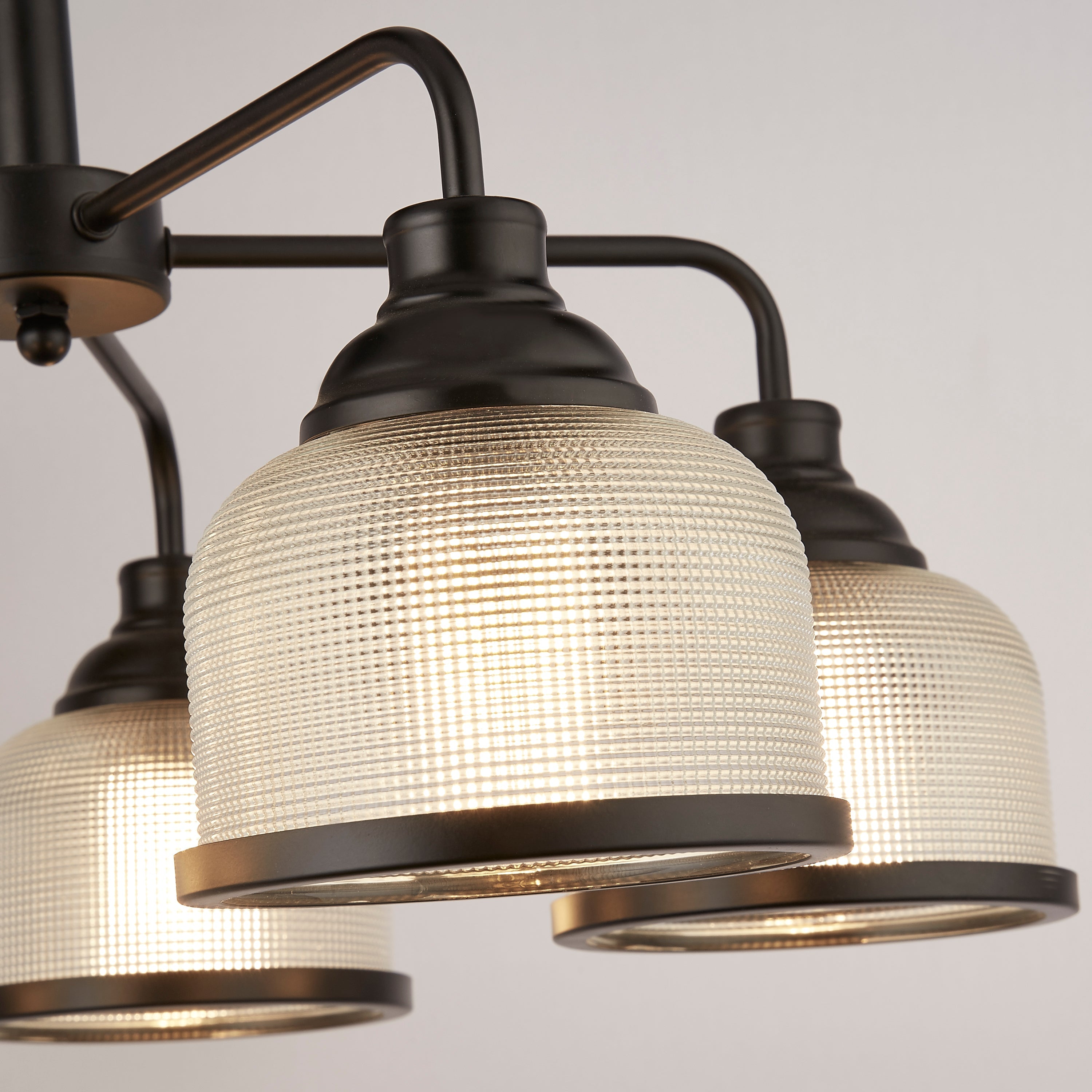 Searchlight Highworth 5 Light Black Pendant - Holophane Style Glass Shade-WAREHOUSE-40-250626