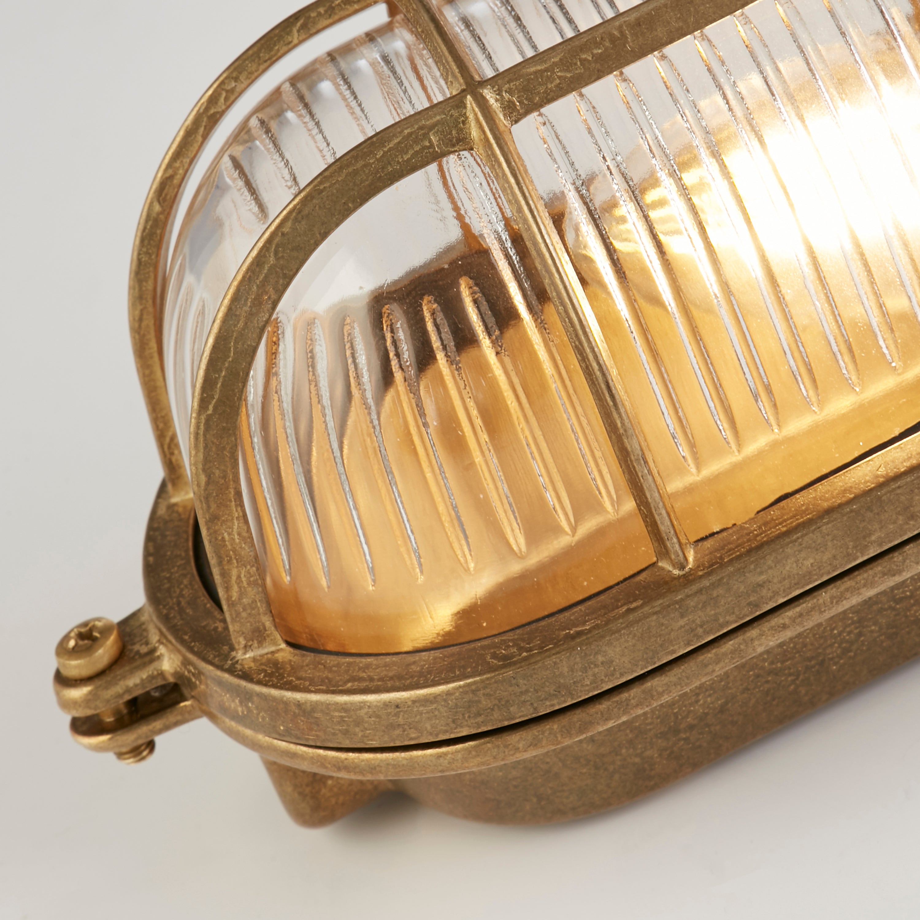 Searchlight Bulkhead Oval Solid Brass IP64 Outdoor Wall Light - Ribbed Glass