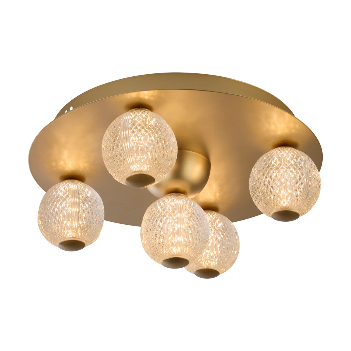 Asteroid gold flush ceiling light with five cut-glass globes glowing warmly