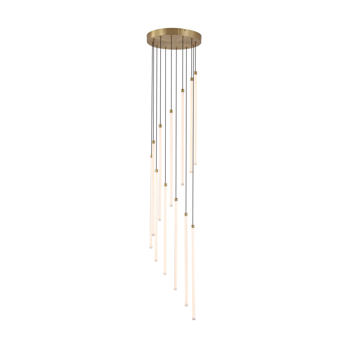 Flare satin brass pendant lit with nine slim white LED tubes hung at staggered heights