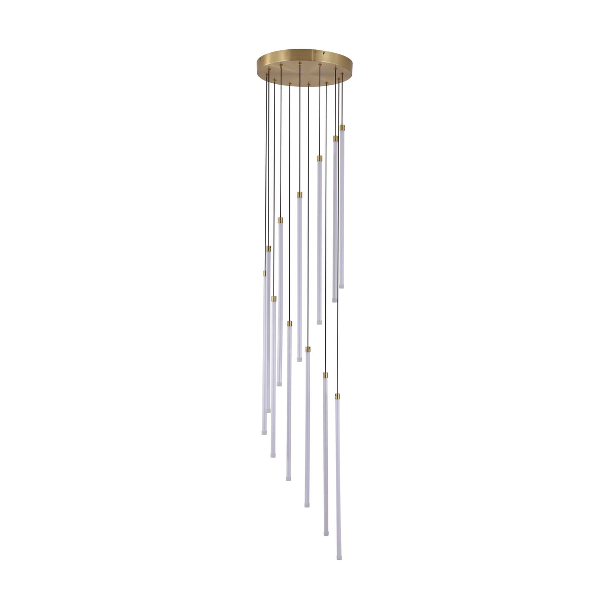 Flare satin brass and white multi-drop pendant unlit on white with slender LED tube rods